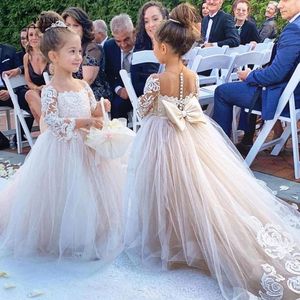 Lace Flower Girl Dress Bows Children's First Communion Dress Princess Tulle Ball Gown Wedding Party Gowns FS9780