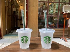 スターバックス16オンス/473mlプラスチックタンブラー再利用可能なクリアドリンクフラットボトムカップピラーシェイプ蓋ストローマグカップバルディアン100pcs 57gi