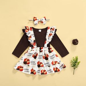 Kläder sätter fokusnorm 3st Thanksgiving Day Baby Girls kläder 0-18m Sleeve Solid Romper Turkiet tryckt Suspender kjol pannband