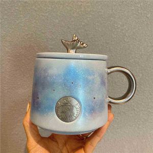 2021 Summer Starbucks Tumblers Double Fish Tail Blue Star Sky Goddess Bronze Mug Coffee Milk Ceramic Cup with Cover ZA13