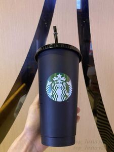 Starbucks 24oz/710 ml plast tumlare återanvändbar svart dricka platt botten kopp pelare form lock halm mugg gratis dhl 1x7b