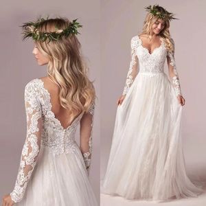 Vestido de noiva deslumbrante V Apliques de manga longa de pescoço Tulle Lace Bridal Dress