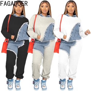 Kvinnors två bitar byxor fagadoer faller vinter casual hoody set outfits mode denim skarvning långärmad pullover och spårningsdräkter 221123