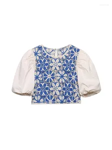 Women's Blouses Fashion Women Blue Crochet Pattern Poplin Cropped Tops Hollow Out Sweet Girls Puff Sleeve Short Blouse