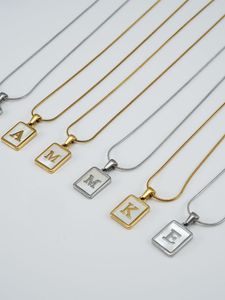 A-Z Letter Necklace Stainless steel 18K Gold Plate Square Shell Alphabet Necklaces Pendants with Snake Chain