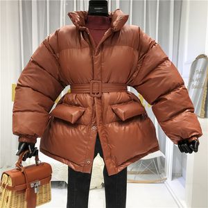 Kvinnor Down Parkas Winter Coat Ladies Parker Shiny Surface Warmth Thick Cotton Casual Loose Jacket Belted 221124