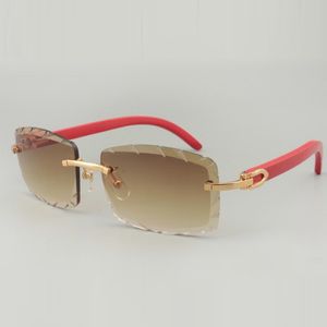 Czerwone drewniane świątynne okulary przeciwsłoneczne A8100915 z grawerowanym obiektywem 56 mm