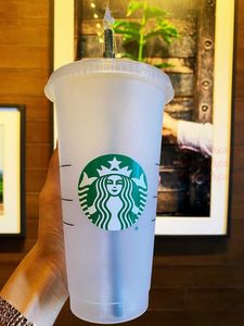 人魚の女神スターバックス24oz/710mlプラスチックマグターンブラー再利用可能なクリアドリンクフラットボトムピラーシェイプ蓋ストローカップ5qym