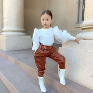 Dziecięce dziewczyny jesienne zestawy ubrań Baby Puff z długim rękawem prążkowane topy PU skórzane długie spodnie paski stroje dziecięce 1-6T