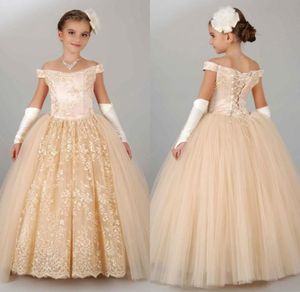 Fora do ombro 2015 Lace Gold Flower Girl Dresses Aplique Tule Tulle Floor Kids Wedding Formal Wear Girl Girl Dresses Cus3818852
