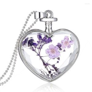 Pendant Necklaces Beautiful Dried Flower Glass Locket Heart Necklace Purple Crystal Summer Jewelry Gifts