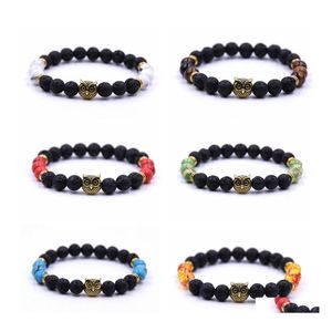 Beaded Owl Head Lava Stone Beaded Strands Bracelet Men Rock Gemstone Beads Antique Gold Animal Bracelets Pluseras Women Stretch Yoga Dh72J