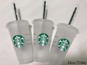 スターバックスマグ24oz/710mlプラスチックタンブラー再利用可能な黒い飲酒フラットボトムカップ柱形状ストロー5pcsフリーDHL TRSK