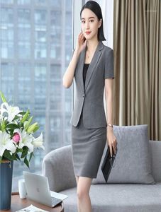 Novelty Gray Ladies Blazers Suits With Tops And Skirt Professional Office Work Wear Career Interview Job Clothing Sets Uniforms14098723