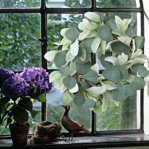 Decorative Flowers Green Eucalyptus Leaves Garland Wisteria Artificial Rattan Fake Plant Silk Leaf Wreath For Front Door Wall Patio Decor