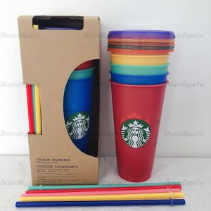 Altera￧￣o de cor de 24 oz Tumblers Copo de suco de pl￡stico com l￡bio e palha 1 Caneca de caf￩ m￡gica Costom Starbucks Altera￧￣o de pl￡stico Cu dsma