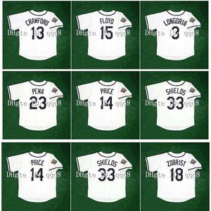 Kolej Beyzbol 2008 Retro Evan Longoria Jersey 13 Carl Crawford 15 Cliff Floyd 23 Carlos Pena 14 David Price 33 James Shields 18 Ben Zobrist Beyaz Vintage