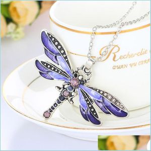 Pendant Necklaces Crystal Rhinestone Dragonfly Necklace Antique Sier Enamel Pendant Chain Animal Model Fashion Jewelry For Women Gif Dht9A