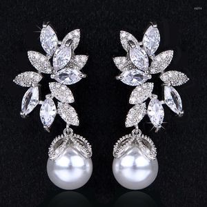 Dingle ￶rh￤ngen Huami Big Pearl Drop Leaf White Zircon Luxury Korean Temperament Bridal Crystal Earring Fashion Jewelry for Women Bijou