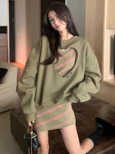 Two Piece Dress Sweatshirts Set Women Hollow Out Solid O Neck Long Sleeve Tops Striped Pirnt Irregular Mini Vintage Fashion Sets 221123