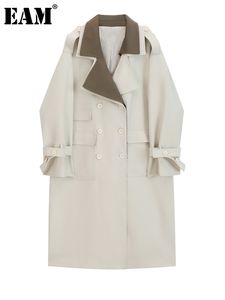 Miscele donna EAM Donna Beige Blocco colore Taglia grande Trench Risvolto Manica lunga Vestibilità ampia Giacca a vento Moda Primavera Autunno 1D 033 221124