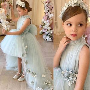 Princess Flower Girl Dresses High Neck Hand Made Flowers Gilrs Pageant Little Kids First Communion Dress With Bow Hi-Lo Tulle 403