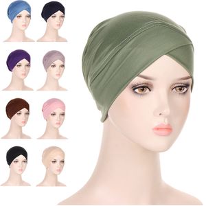 Novas mulheres muçulmanas hijab interno hijab tap subscarf color sólida lenço de cabeça cruzada cravera de cabeça de cabeça de cabeça hijab lenço de turbante muçulmano