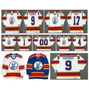 College Hockey trägt Vintage-Trikot der Kansas City Scouts 1 DENIS HERRON 4 STEVE DURBANO 9 WILF PAIEMENT 17 SIMON NOLET Weißer individueller Name und Nummer im Retro-Stil von CCM Hockey