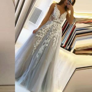 V Boyun Uzun Balo Elbiseleri Kadınlar İçin Seksi Gri Yaz Sırtsız Beyaz Dantel Dubai Dubai Akşam Elbise Yeni