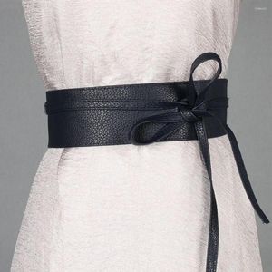 Belts est trendiga solid bälte för kvinnor mjuk pu läder midjeband självbindning båge runt midjebandet Mujer