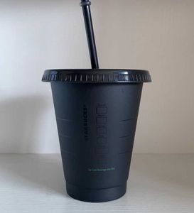 Starbucks Sirena Dea 473 ml/473 ml Bicchieri di plastica Bicchiere riutilizzabile Nero Fondo piatto Coperchio a forma di pilastro Tazze di cannuccia Bardian 100 pezzi KUIJ