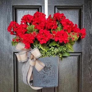 Decorative Flowers Red Geranium Bucket Wreath Front Door Artificial Spring Summer With Burlap Bow Colorful Cottage Garlands Simulated Plant