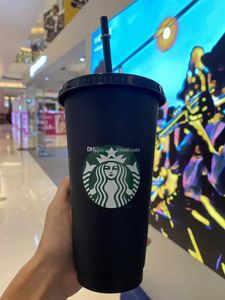 Starbucks Mermaid Goddess 24oz/710ml Plastic Mugs Tumbler Reusable Black Drinking Flat Bottom Pillar Shape Lid Straw Cups 4GMU