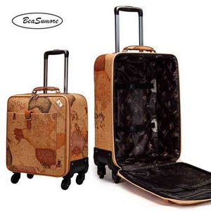 Beasumore Fashion Map Pu Leather Rolling Bagage Spinner Inch Retro Wheel rescases Men Cabin Password Trolley J220707