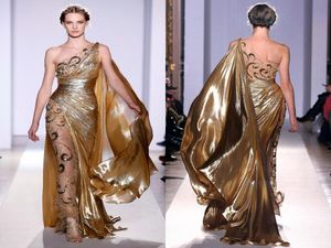 Zuhair Murad Haute Couture Appliques Gold Evening Sukienki Długie syrena jedno ramię z aplikacjami Sheer Vintage Pageant Prom Gown3065714