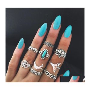 Band Rings 9 Pieces Set Of Personalized Lady Ring Retro Totem Elephant Turquoise Lotus Fish Tail Joint Pattern Casual Party Rings Je Dhoyp