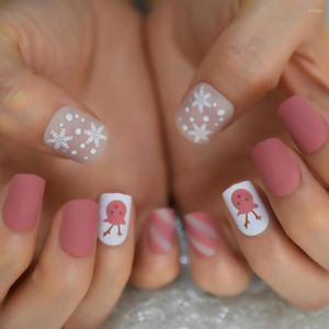 False Nails Merry Christmas Decorative Press On Square Pink Faux Ongles Matte Snowflake Deer Xmas Manicutre Art Tips Short