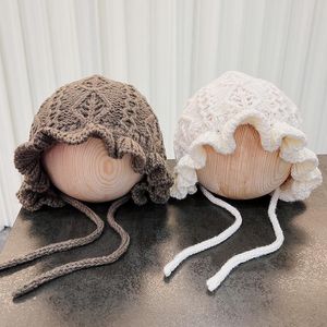 Little girls ruffle hollow crochet bud hats toddler kids hand made knitted warm beanie children easter party cap A9394