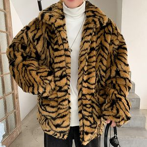 Men s Jackets faux bontjas voor mannen draai kraag tijger luipaard imiteren jas dikke winter warme pluizige pluche pluche losse jumper uit het derwar 221123