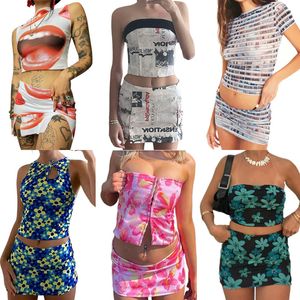 Dwuczęściowa sukienka HARAJUKU graficzny nadruk bez ramiączek Bez pleców top z rurki i opakowania bodycon mini spódnica letnia plaża boho kwiatowy zestaw 221124