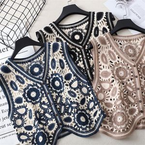 Women's Vests Women Vintage Hollow Out Crochet Crop Top Vest Embroidery Floral Sleeveless Jacket Cardigan Button Down Boho Hippie Casual