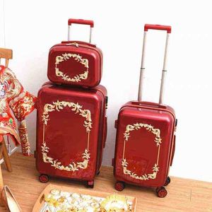新しい ''インチスーツケースセット女性トロリー荷物バッグレッドレトロウェディングトラベルハンドバッグ