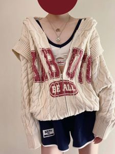 KNITS KVINNS TEES Vintage Fashion Korean Sweaters Preppy Style Letter Jacquard Hooded Cardigan Lazy Casual Loose Patchwork Zipper Women Tops 221123