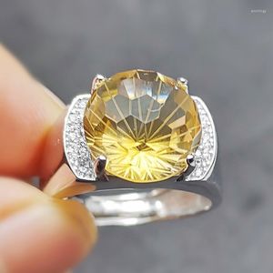 Anéis de cluster por jóias homens redondo anel natural de citrina real 925 prata esterlina fina para ou mulheres 12 12mm 6,5ct gemstone s217161