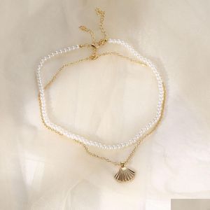 Pendant Necklaces Double Layer Pearl Shell Choker Necklace For Women Bohemia Summer Vacation Beach Scallop Necklaces Ocean G Dhgarden Dhlu2