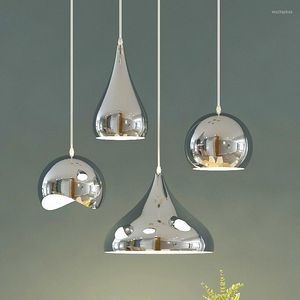 Lâmpadas pendentes modernas simples e27 prata bola de metal luzes led para sala de jantar bar acessório de cozinha casa deco pendurado luminárias