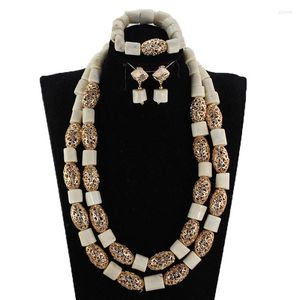 Necklace Earrings Set African Nigerian Wedding Beads Jewelry White Coral Dubai Gold CNR890