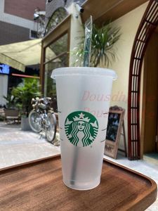 Starbucks 24oz 710ml Plastic Tumbler Reusable Clear Drinking Flat Bottom Cup Pillar Shape Lid Straw Mugs Bardian 50pcs Free DHL PHIP