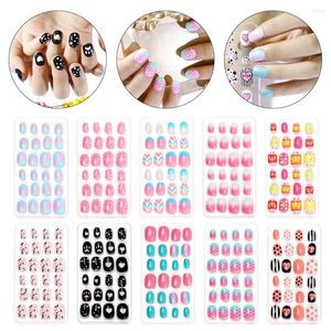 False Nails 24pcs Kids Cover Pressione Pressione em Manicure Auto -adesivo Dicas de Candy Color Art Fake for Child