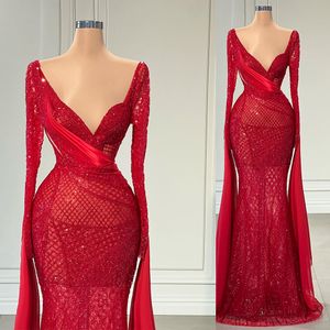 Nuovo arrivo rosso abiti da sera donna scollo a V maniche lunghe pizzo backless lunghezza del pavimento mantelle paillettes appliques abito da ballo abiti formali taglie forti su misura